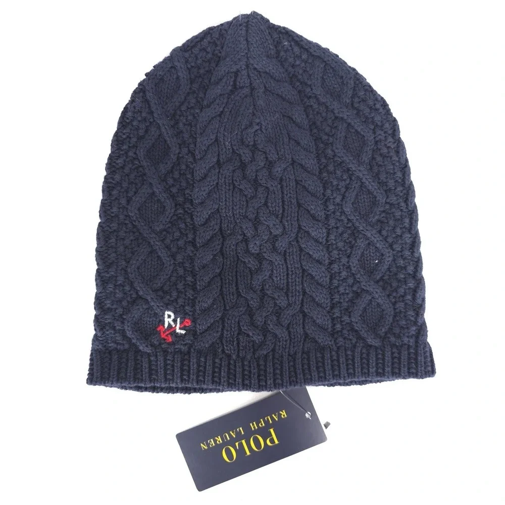POLO RALPH LAUREN New Beanie One Size 7-16 Navy Blue Aran Cable Knit Embroidered